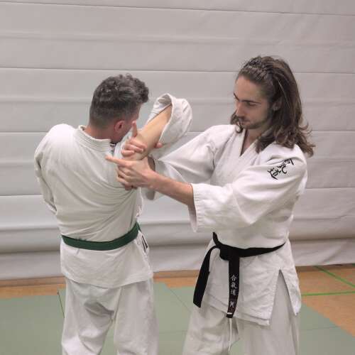 Zwei Personen stehen sich gegenüber und führen Techniken des Aikido aus, wobei eine Person den Arm der anderen dreht.