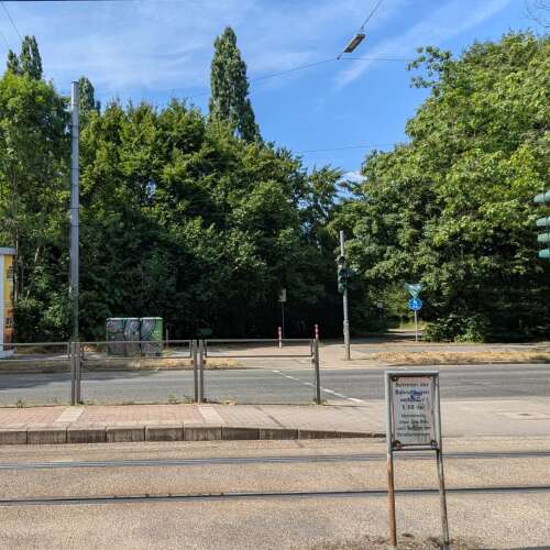 Eine Straßenbahnhaltestelle mit Gleisen im Vordergrund, dahinter führt ein Weg durch dichten Baumbestand in ein grünes Waldgebiet.